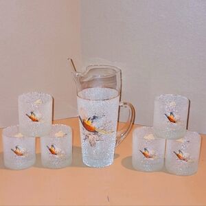VINTAGE SET OF 6 FROSTED GLASS AND A 9" PITCHER